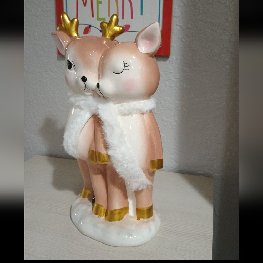 12" Precious Ceramic Deer Reindeer Couple Faux Fur Christmas Tree New - Picture 3 of 5